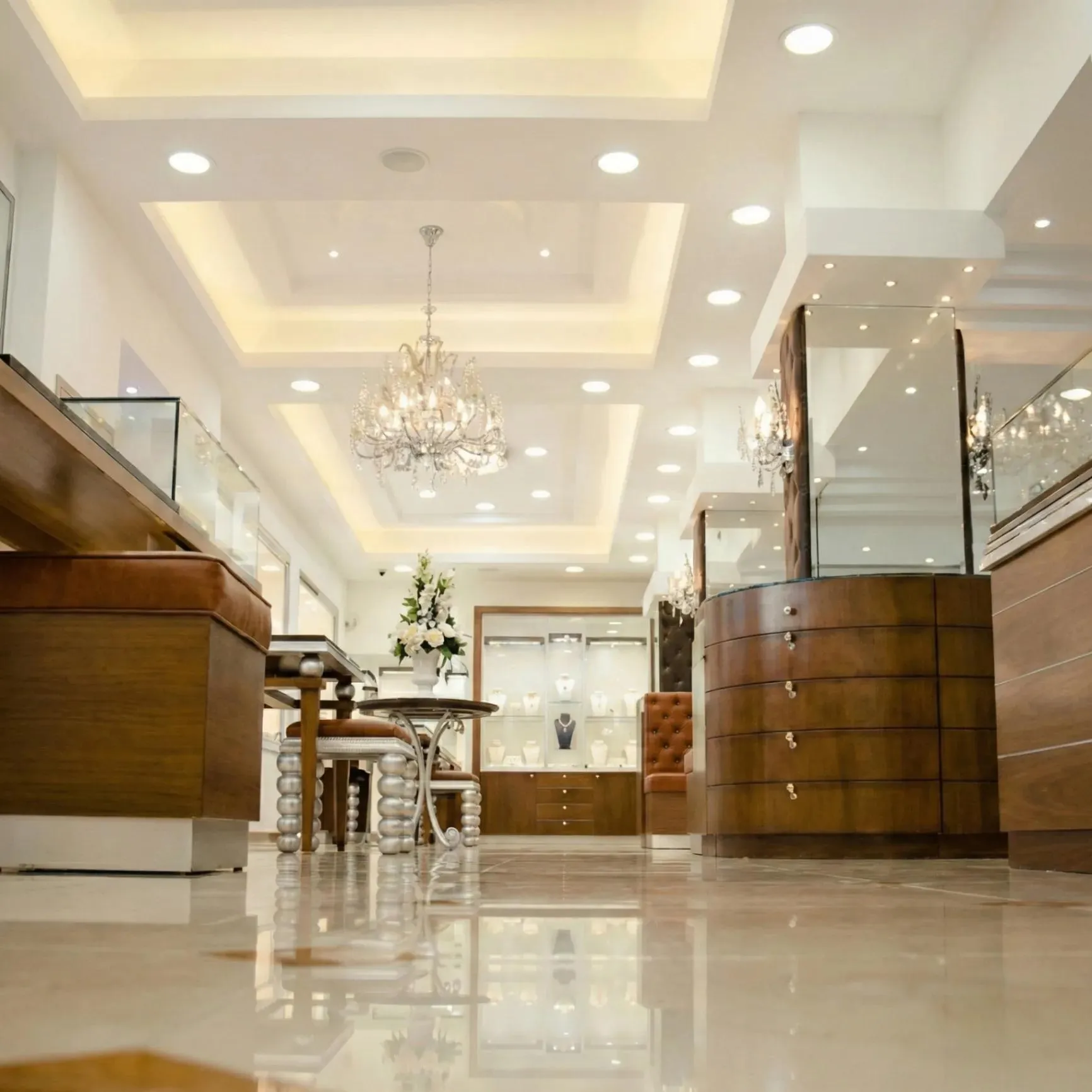 Crystal chandeliers and luxury watch displays
