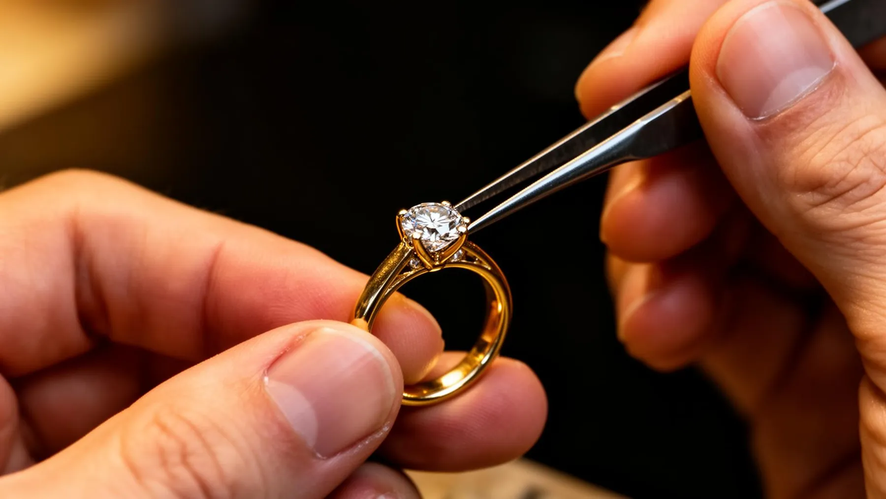 Jeweller setting a diamond into a gold ring
